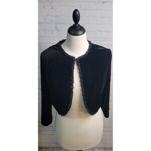 Vintage MSK Women Black Velvet Short Rhinestone Cardigan Sz M 3/4 Sleeve Stretch
